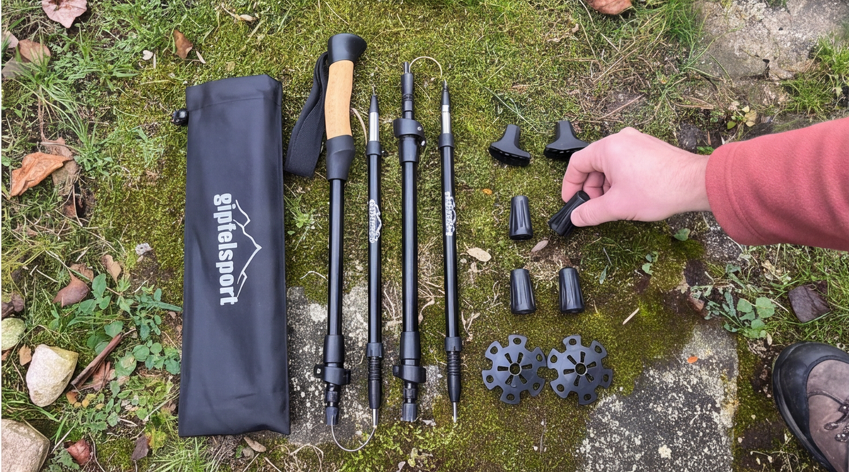 gipfelsport faltbarer wanderstock alu kork griff Detailansicht beim Testen