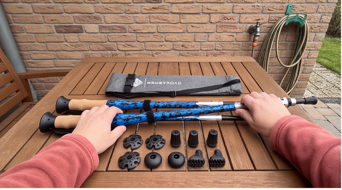 HrubyRoad® Wanderstöcke Teleskop Faltbar im Test: Ultrastabile Nordic Walking Stöcke für Herren mit Korkgriff und Zubehör
