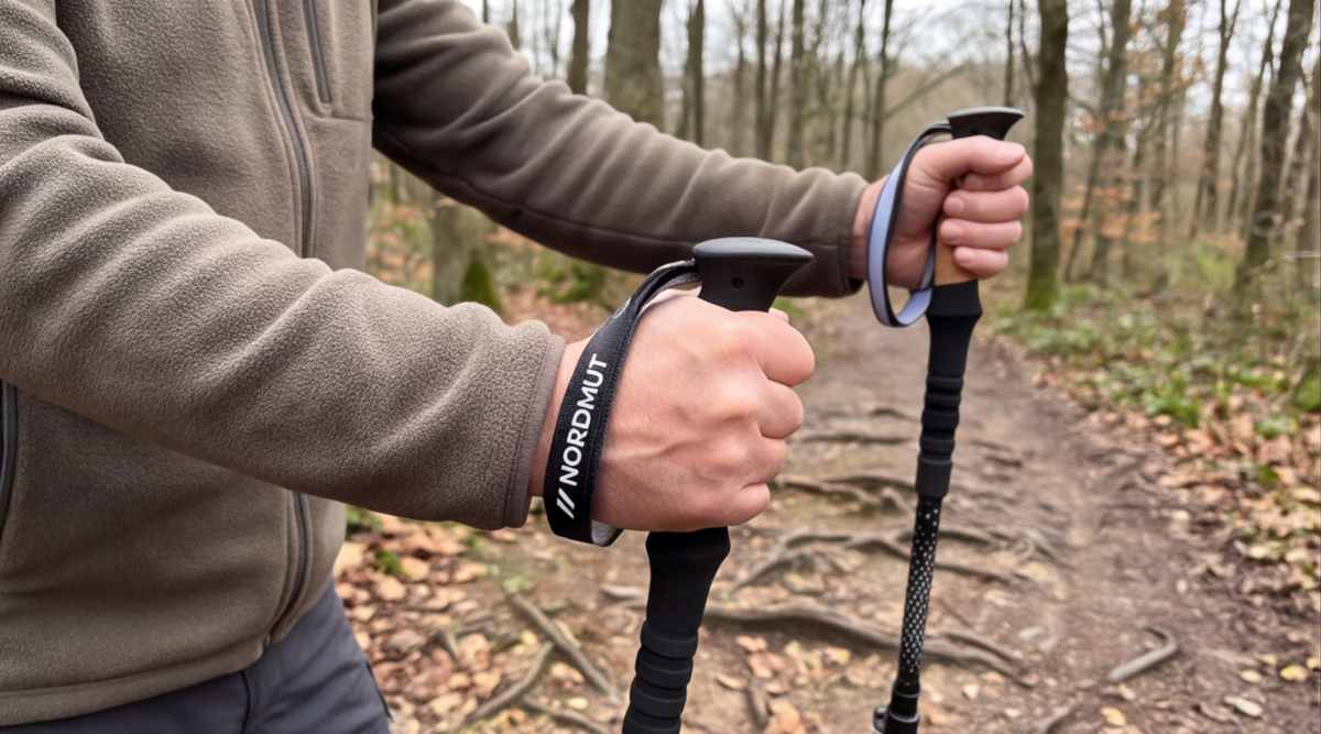 nordmut wanderstoecke faltbar aluminium Detailansicht beim Testen